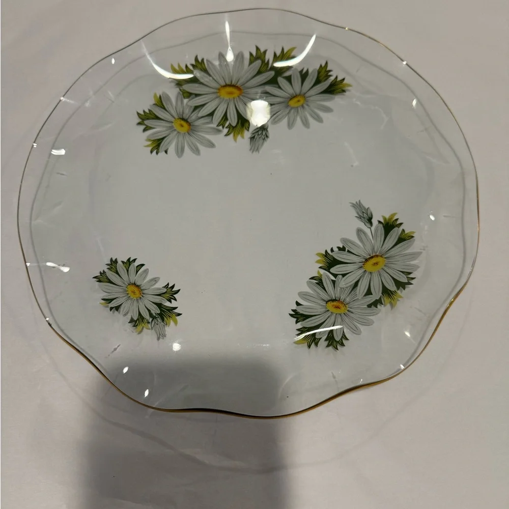 Vintage Pilkington Chance Clear Glass Serving Tray with Daisies & Scalloped Edge